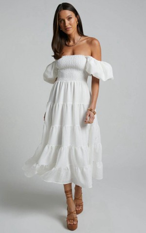 Showpo Maxima Midi Dress - Puff Sleeve Shirred Bodice Tiered Dress White | JXOZVQ839