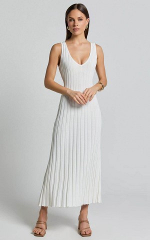 Showpo Maya Midi Knit Dress - Sleeveless V Neck Knited Dress White | HUMEFS162