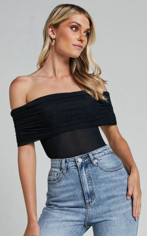 Showpo Maylene Bodysuit - Ruched Off The Shoulder Mesh Bodysuit Black | ZXETIH638