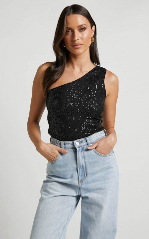 Showpo Mayrin Bodysuit - One Shoulder Sequin Bodysuit Black Sequin | WVHJNY149