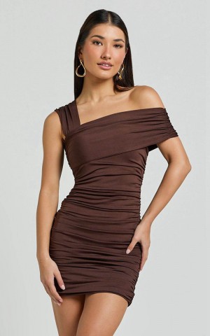 Showpo Meadow Mini Dress - Asymmetrical Off Shoulder Jersey Ruched Dress Chocolate | WXQVKP593