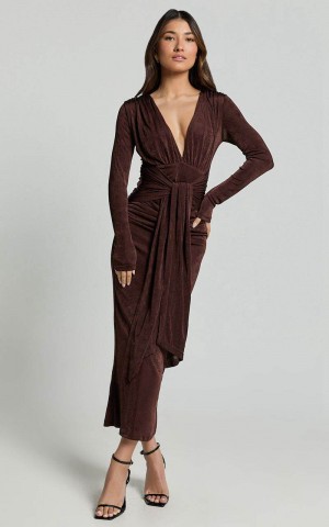 Showpo Melanie Midi Dress - Plunge Long Sleeve Tie Front Dress Chocolate | RZDNGA568