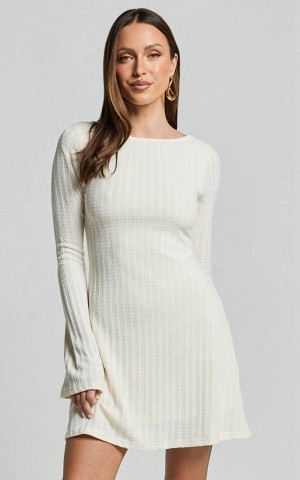 Showpo Melissa Mini Dress - Flared Long Sleeve A Line Dress Off White | QWVHMO573