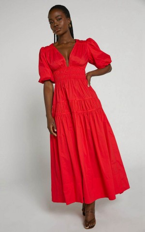 Showpo Mellie Midi Dress - Puff Sleeve Plunge Tiered Dress Cherry Tomato | OBMHNJ560