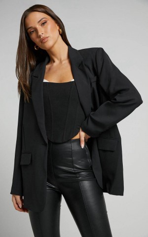 Showpo Michelle Blazer - Oversized Plunge Neck Button Up Blazer Black | MVWQYC067