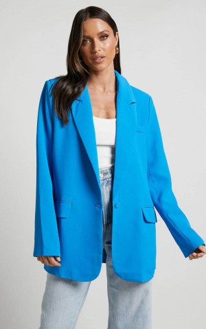 Showpo Michelle Blazer - Oversized Plunge Neck Button Up Blazer Blue | CVMALD394