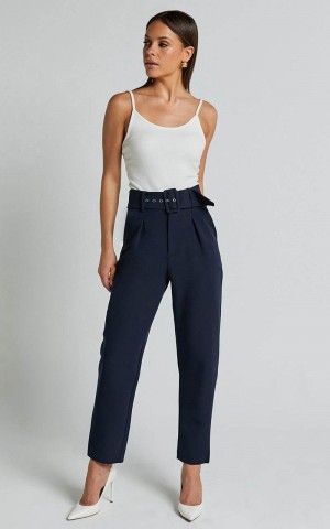 Showpo Milica Trousers - Belted High Waisted Trousers Navy | CEGNZX093