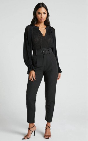 Showpo Milica Trousers - Belted High Waisted Trousers Black | IWCVHK760