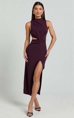 Showpo Millie Midi Dress - Front Twist Cut Out Thigh Split Dress Plum | QDCMVL068