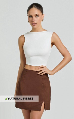 Showpo Mindy Mini Skirt - Linen Look A Line Side Split Skirt Brown | FDVBOU508