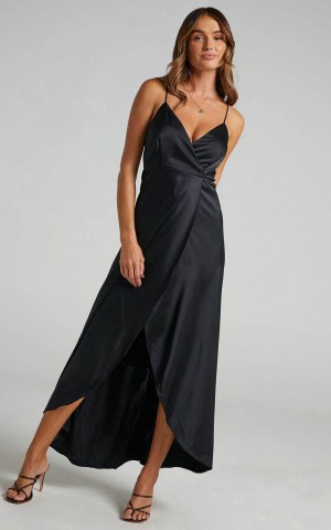 Showpo Mine Would Be You Midi Dress - Wrap Dress Black Satin | WKNRJY876