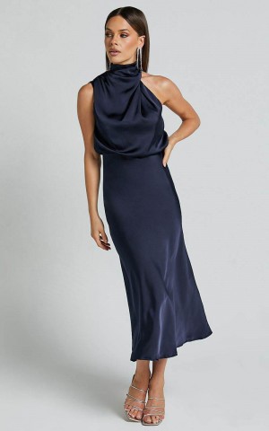 Showpo Minnie Midi Dress - Drape Neck Satin Slip Dress Midnight Blue | KFNCXB670