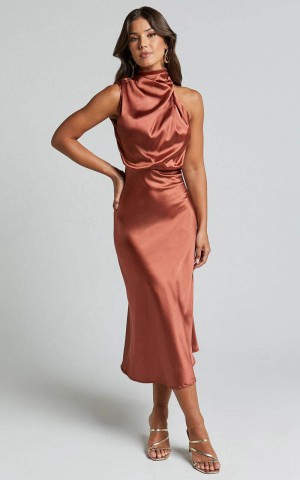 Showpo Minnie Midi Dress - Drape Neck Satin Slip Dress Copper | TSAMUJ513