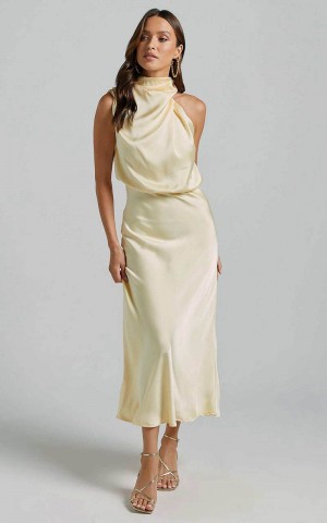 Showpo Minnie Midi Dress - Drape Neck Satin Slip Dress Butter Yellow | DUGSYC851