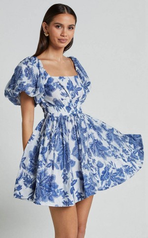 Showpo Mira Mini Dress - Square Neck Balloon Sleeve Dress Blue Floral | WILKCS198