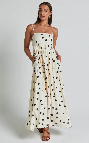 Showpo Miriam Midi Dress - Strappy Straight Neck A Line Dress Beige & Black Spot | YUDBPH293