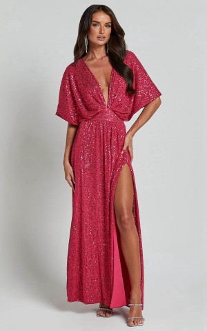 Showpo Miyah Maxi Dress - Sequin Plunge Short Sleeve Dress Pink | DXSFIE243