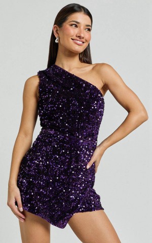 Showpo Molly Playsuit - Sequin One Shoulder Skort Playsuit Purple | XGUMCA645