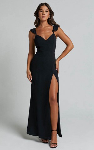 Showpo More Than This Midi Dress - Ruffle Strap Thigh Split Dress Black | WPUJCV139