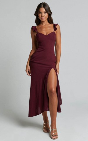 Showpo Morgan Midi Dress - Frill Asymmetric Split Dress Grape | WZAQRK638