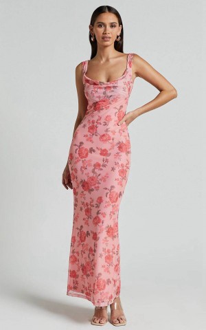 Showpo Nadine Maxi Dress - Cowl Neck Low Back Mesh Slip Dress Pink Floral | EHOJZD294