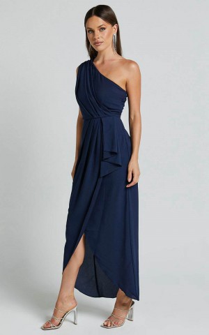 Showpo Namaari Midi Dress - Faux Wrap One Shoulder Dress Navy | XCJYBF931