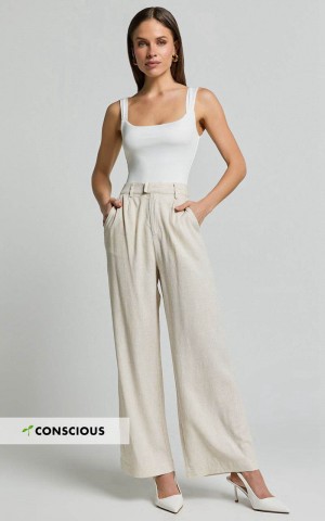 Showpo Nate Pants - Mid Waist Tailored Linen Look Pants Natural | ZWDPBK085