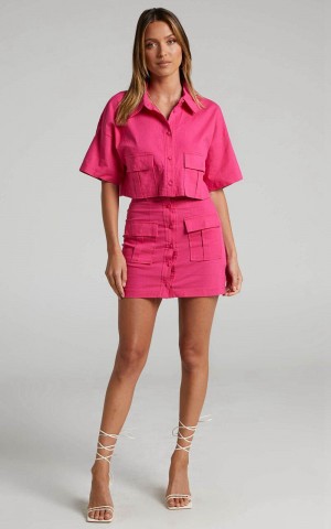 Showpo Navine Two Piece Set - Button Front Crop Top And Cargo Pocket Mini Skirt Set Hot Pink | GXCYFQ230