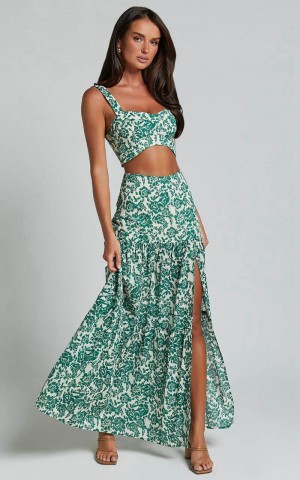 Showpo Nelli Two Piece Set - Crop Top And Thigh Split Maxi Skirt White And Green Floral | PXIWOG673