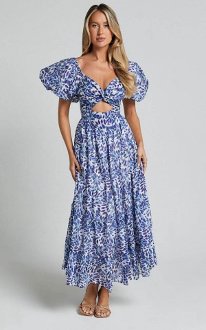 Showpo Nelrose Midi Dress - Short Puff Sleeve Front Cut Out Dress Blue Print | NYPVAI860