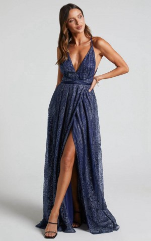 Showpo New York Nights Maxi Dress - Sequin Plunge Cross Back Dress Navy | ZWQEGF068