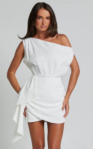 Showpo Niana Mini Dress - Drape One Shoulder Dress White | MBDCUT938