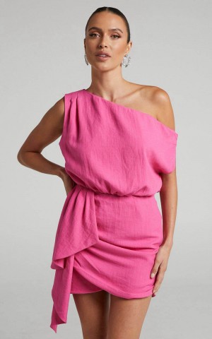 Showpo Niana Mini Dress - Drape One Shoulder Dress Pink | VROWNI356