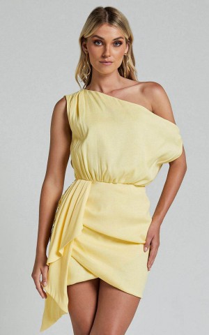 Showpo Niana Mini Dress - Drape One Shoulder Dress Lemon | NGCLBE184