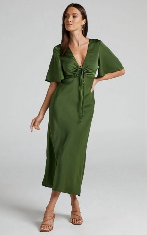 Showpo Nicholla Midi Dress - Ruched Front Angel Sleeve Slip Dress Olive | FDVQXJ531