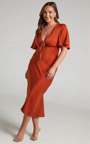 Showpo Nicholla Midi Dress - Ruched Front Angel Sleeve Slip Dress Copper | YTOZHU879