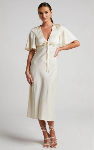 Showpo Nicholla Midi Dress - Ruched Front Angel Sleeve Slip Dress Champagne | ATMVSK159