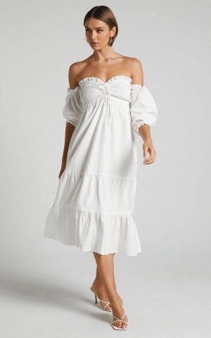 Showpo Nikka Midi Dress - Shirred Off Shoulder Puff Sleeve Dress White | LNQVTO052