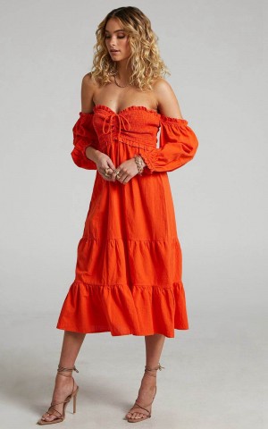 Showpo Nikka Midi Dress - Shirred Off Shoulder Puff Sleeve Dress Oxy Fire | HKPYMV637