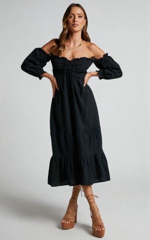 Showpo Nikka Midi Dress - Shirred Off Shoulder Puff Sleeve Dress Black | LCRGJY710