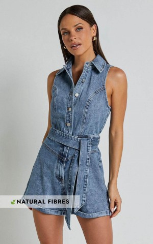 Showpo Nilsen Playsuit - Button Through Tie Waist Denim Playsuit Mid Blue Wash | OGVYNT528