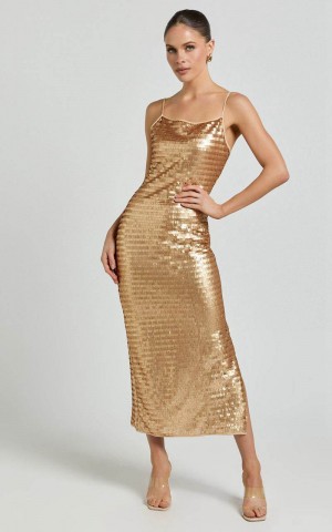 Showpo Niquita Midi Dress - Square Sequin Column Dress Gold | AYVJQF095