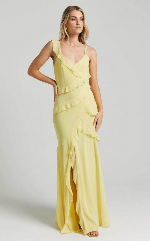 Showpo Nitha Maxi Dress - Asymmetrical Frill Thigh Split Dress Lemon | ARTOBM087