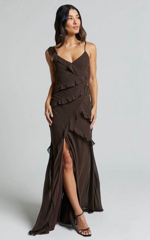 Showpo Nitha Maxi Dress - Asymmetrical Frill Thigh Split Dress Chocolate | ZNIPLW246