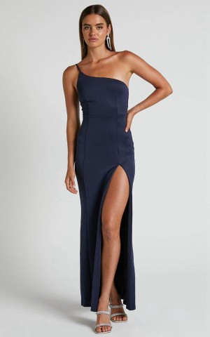 Showpo No Ones Fault Midi Dress - One Shoulder Thigh Split Dress Navy | PHZOIC096