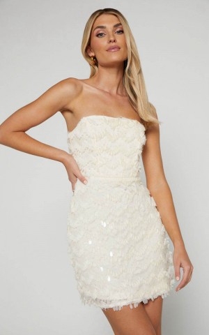 Showpo Nola Mini Dress - Strapless Sequin Dress Cream | GJLVSO267