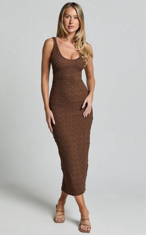 Showpo Novida Midi Dress - Textured Bodycon Dress Chocolate | LPRSEH304