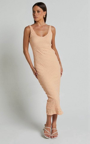 Showpo Novida Midi Dress - Textured Bodycon Dress Sherbet | QBNIOX072