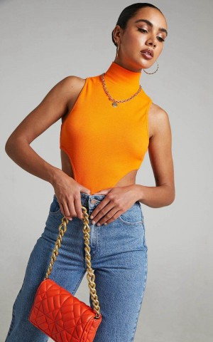 Showpo Nuala Bodysuit - High Neck Side Cut Out Bodysuit Orange | PEOJDV512