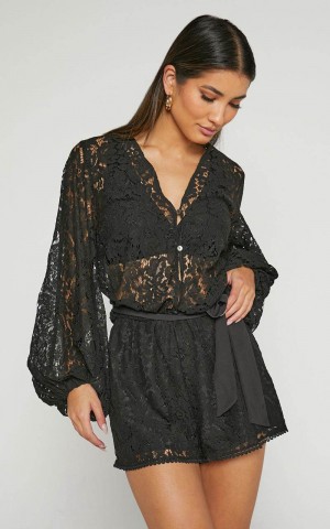 Showpo Oscar Playsuit - Lace Long Sleeve V Neck Black | VTYHBR837